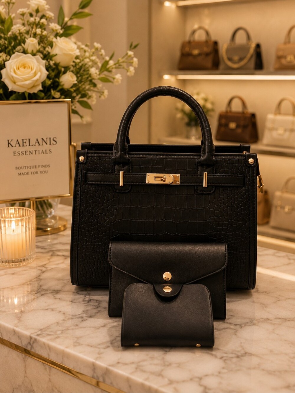 Black Structured Croc-Embossed Satchel with Matching Wallets